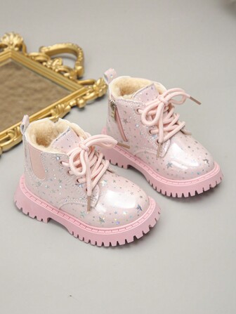 1Pair New Winter Children's Shoes With Anti Slip PVC Soft Sole And Thick Fleece For Babies, GirlW' Princess Big Shoes With Fleece, Boots