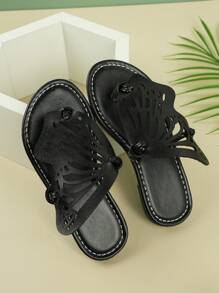 儿童时尚休闲户外对称蝴蝶形平底柔软防滑凉鞋，儿童春夏沙滩鞋 - 黑色 - 查看 6