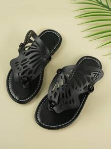 儿童时尚休闲户外对称蝴蝶形平底柔软防滑凉鞋，儿童春夏沙滩鞋 - 黑色 - 查看 3