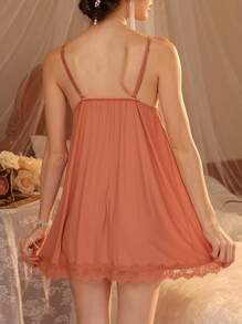Women's Sexy Lace Splice Spaghetti Strap Short Nightgown, Suitable For Loungewear And Sleepwear