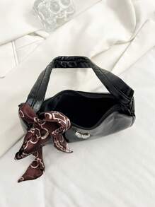 新款手提包，时尚闪亮 PU 皮革单肩包，经典蝴蝶金属装饰，随机搭配尼龙围巾，适合室内办公、短途旅行，百搭潮流 - 黑色 - 查看 8