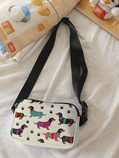 这款时尚斜挎包采用狗狗图案设计，是一款男女皆宜的运动腰包，适合旅行、徒步和瑜伽等活动。它同时也是一款可调节的轻便胸包，造型为腊肠犬，是创意十足的圣诞礼物之选。这款包既是运动包，也是男女健身、锻炼和旅行的必备单品，经久耐用，适合跑步和徒步等户外活动。