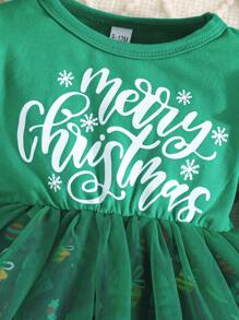 Váy lưới tay lỡ in họa tiết Giáng sinh "Giáng sinh" cho bé gái, trang phục dự tiệc cho trẻ em - màu xanh lá - Xem 6