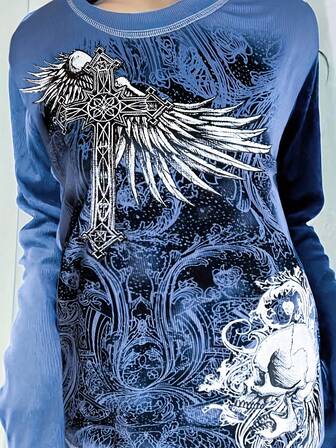 Women's Round Neck Long Sleeve Graphic Detail Minimalist Casual Top, For Everyday Wear