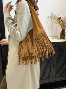 Túi Tote Tua Rua Giả Da Lộn Hàn Quốc, Thời Trang Mới 2024, Sức Chứa Lớn, Phong Cách Cổ Điển, Thường Ngày, Sang Trọng, Đeo Dưới Cánh Tay - màu nâu - Xem 4