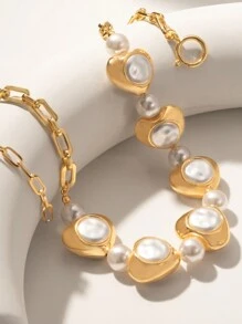 1 件时尚新款金属链配心形仿珍珠项链，适合派对、婚礼、日常佩戴 - 金色 - 查看 4