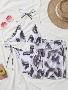 Women Tropical Plant Printed Tie Neck Halter Bikini Set & Cover Up Skirt, For Summer Beach Vacation