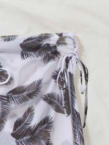 Women Tropical Plant Printed Tie Neck Halter Bikini Set & Cover Up Skirt, For Summer Beach Vacation