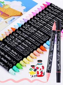 60 色双头丙烯酸马克笔无色可堆叠 DIY 涂鸦艺术画笔套装双头设计用于绘画、绘画、细节绘画细硬尖 :) 用于细节轮廓软尖 :) 用于大面积着色 - 每盒配有 3 根针和 3 支硬尖铅笔 - 彩色 - 查看 1