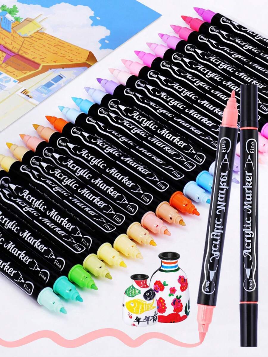 60 色双头丙烯酸马克笔无色可堆叠 DIY 涂鸦艺术画笔套装双头设计用于绘画、绘画、细节绘画细硬尖 :) 用于细节轮廓软尖 :) 用于大面积着色 - 每盒配有 3 根针和 3 支硬尖铅笔 - 彩色 - 查看 1