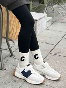 4/8 双儿童纯色字母 C 休闲运动袜，舒适百搭圆头袜，适合返校装