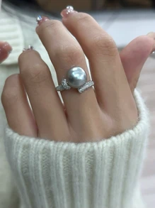 女士时尚 S925 纯银珍珠戒指 - S925 Sterling Silver Pearl Ring for Women's Fashion - 查看 2