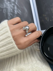 女士时尚 S925 纯银珍珠戒指 - S925 Sterling Silver Pearl Ring for Women's Fashion - 查看 3