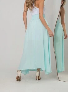 Lined Viscolinho Skirt With High Waist S735 - Màu xanh Bạc hà - Xem 2