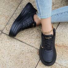 New Fashion Versatile Leather Lace-Up Lightweight Slip-On Shock Absorbing Non-Slip Casual Athletic Shoes, Suitable For Plus Size Cross-Border Women, Black Sneakers - Black - View 4