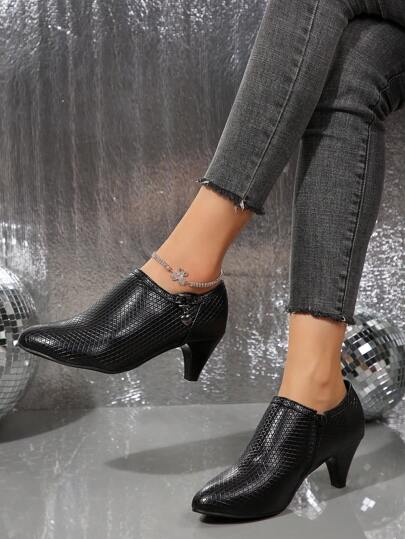 Moda feminina de luxo, salto alto grosso, sapatos com cabedal preto com estampa animal, salto agulha resistente, perfeito para roupas da moda e ocasiões formais