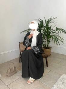 1 件适度亚麻长袍配腰带，女士阿拉伯民族服装，经典纯色优雅休闲宽松长袍长袍配披肩，绣花袖口，透气面料，适合日常生活、节日、聚会、宴会、旅游和度假 - 黑色 - 查看 8