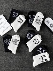 5 Pairs Mixed Men Crew Socks, Ghost Face Print, Casual Sports Basketball Socks, Black & White, Suitable For Daily Wear In Spring/Autumn, Fall