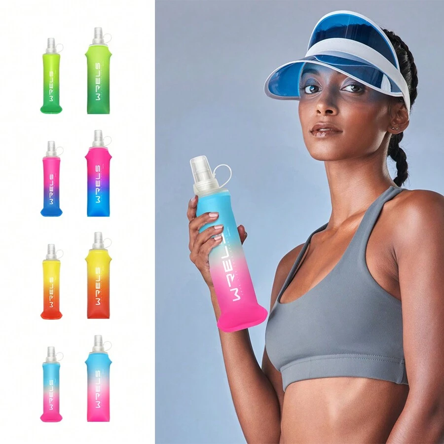 1 pièce WRELS Bouteille d'eau portable pliable de couleur dégradée améliorée de 150 ml/250 ml/500 ml, bouteille d'eau de sport de type pression, idéale pour les sports comme la course, le camping, la fitness, le cyclisme, l'alpinisme, etc.