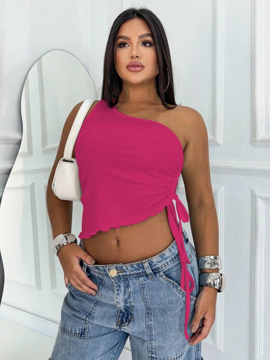 Women's Asymmetrical Ruched One-Strap Tie-Up Blouse Lame Mule Casual Fashion Versatile Foreign Blogger Fashion - Màu Hồng Tươi - Xem 1