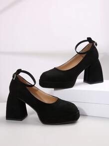 女士秋冬时尚黑色粗跟高跟方头踝带高跟鞋 9 厘米优雅个性化礼服踝带高跟鞋派对 - 黑色 - 查看 7