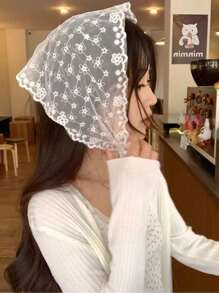 1 件女孩法式蕾丝三角围巾，带花卉图案，白色复古装饰头带，乡村风格丝带海滩头带波西米亚风情人节头巾头巾发巾，头巾秋冬发带发饰，适合女士度假装扮 - 白色 - 查看 5