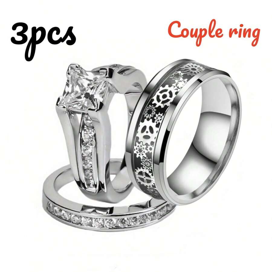 Bộ 3 nhẫn đôi thời trang & thanh lịch, bao gồm nhẫn nữ & nhẫn nam bằng thép không gỉ, quà tặng trang sức cho đám cưới & đính hôn - Bánh răng 10 viên kim cương - Xem 1