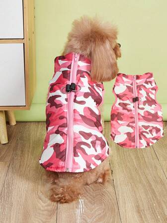 1 pezzo Abbigliamento per animali domestici, giacca imbottita con cerniera e coulisse per autunno/inverno con motivo mimetico, adatta per cani barboncini e bichon frise, abbigliamento da sci