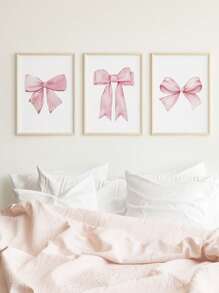 3 Pieces Pink Bows Wall Decor Cream Style Decorative Painting Aesthetic Canvas Hanging Picture Nordic Print Picture Girls Bedroom Apartment Living Room Birthday Present Decor No Frame Gifts Graduation