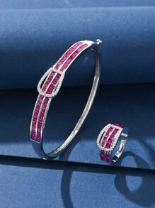 1pc Elegant Bracelet/Ring Set With Fashionable Buckle Design, Sparkling Zirconia Stones, Platinum Plated, Suitable For Evening Gowns, Parties, Holidays, Anniversaries, Birthdays, Employee Rewards, And Daily Wear - Bracelet Set - View 6