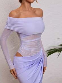 WOWDARK Women's Solid Color Off Shoulder Mesh Hollow-Out Long Sexy Bodycon Dress, Autumn