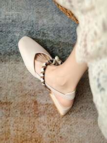1 đôi giày Mule nữ, phong cách Mary Jane màu be có quai vải hoa, trang trí bằng ngọc trai, gót dày, giày Mule đế thấp thanh lịch để đi làm và mặc hàng ngày - Màu be - Xem 5