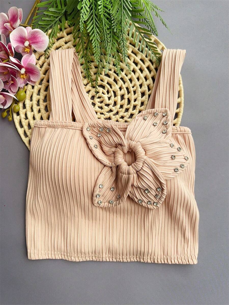 3D Ribbed Crop Top With Padding - Baby Pink - View 1