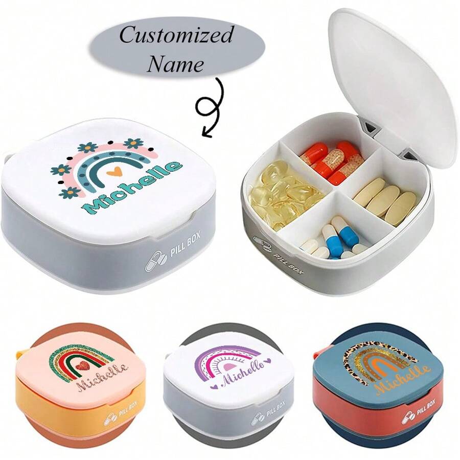 Customized Name Portable Pill Box Daily Medication Organizer Compact Medicine Capsule Storage Case With 4 Compartment Tablet Drug Dispenser Large Capacity Container For Vitamins Prescription Easy To Clean Moisture-Proof Design