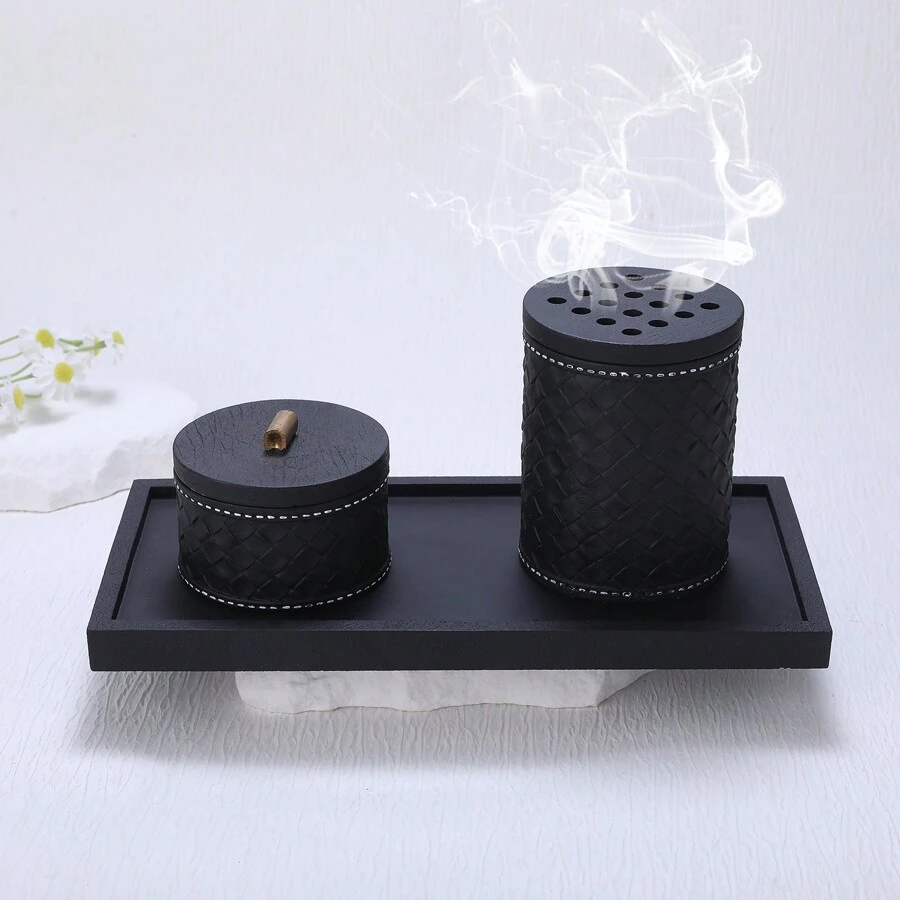 3 件套现代简约设计皮革纹理香炉、家居装饰、桌面装饰、节日用品 - 黑色 - 查看 1