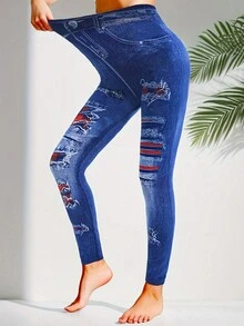 女士时尚无缝高腰牛仔效果紧身牛仔裤，蓝色仿旧图案印花，有弹性，柔软舒适，适合健身、跑步、瑜伽、户外、日常穿着，7/8 长度紧身裤 - 藍色 - 查看 4