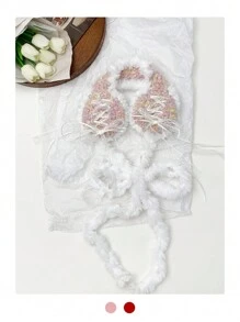 1个Y2K风格蕾丝蝴蝶结流苏针织渐变色耳罩，手工舒适蓬松耳套，适合冬季，学生白色耳罩 - 彩色 - 查看 4