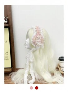 1个Y2K风格蕾丝蝴蝶结流苏针织渐变色耳罩，手工舒适蓬松耳套，适合冬季，学生白色耳罩 - 彩色 - 查看 5