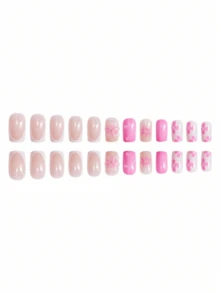 一盒 24 个短方形指甲，粉色和白色设计，带有水滴效果和花卉图案，按压式指甲套装配有指甲锉和果冻胶，适合女性和女孩，非常适合休闲和日常场合，具有甜美浪漫的风格。 - 彩色 - 查看 3
