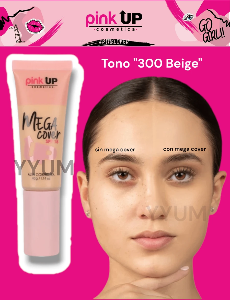Base Mega Cover Pink Up ORIGINAL Base alta cobertura 40g - TONO 300 "BEIGE" - Ver 1