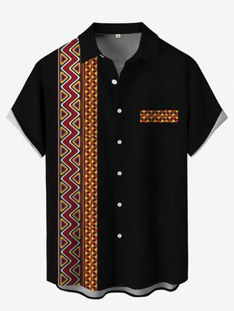 男士非洲印花纽扣衬衫，度假休闲户外非洲乌丹玫瑰星月宫灯3D数字图案短袖节日休闲衬衫