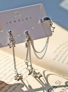 1 对星形耳环套装，包括星形吊坠耳环、Y2K 星形魅力夹式耳环、星形链式吊坠耳环、镂空星形街头时尚耳环、情侣星形耳环、星形链式耳饰 - 銀色 - 查看 8
