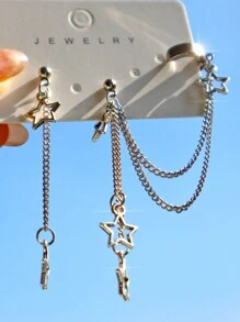 1 对星形耳环套装，包括星形吊坠耳环、Y2K 星形魅力夹式耳环、星形链式吊坠耳环、镂空星形街头时尚耳环、情侣星形耳环、星形链式耳饰 - 銀色 - 查看 10