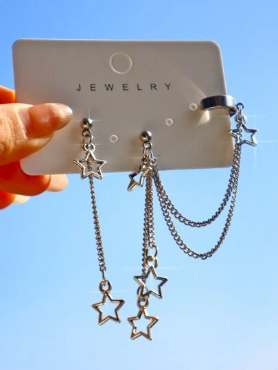 1 par de juego de pendientes con forma de estrella, incluye pendientes con colgante de estrella, pendientes de clip con dijes de estrella Y2K, pendientes colgantes con cadena y estrella, pendientes de moda callejera con estrella hueca, pendientes de pareja con estrella, joyería para la oreja con cadena y estrella