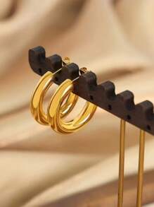 一对女士金色简约时尚圆形耳环，304L 不锈钢镀金耳环。 - 金黃色 - 查看 6