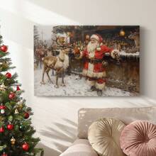 1pc Gallery Wrapped Ready  To Hang Canvas   Vintage Wall Art, Funny Christmas Santa Claus And The  Boys At  The  Bar  Art Wood Frame Canvas, Ready To Hang, Holiday, Mother's Day New Year Halloween Christmas  Gift