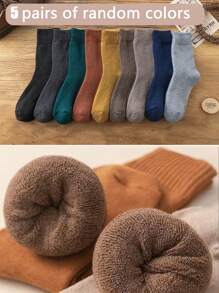 5 Pairs Of Random Colors Fleece-Lined Mid-Calf Socks For Autumn Winter One Size Fits Most Male Women - Multicolor - View 7