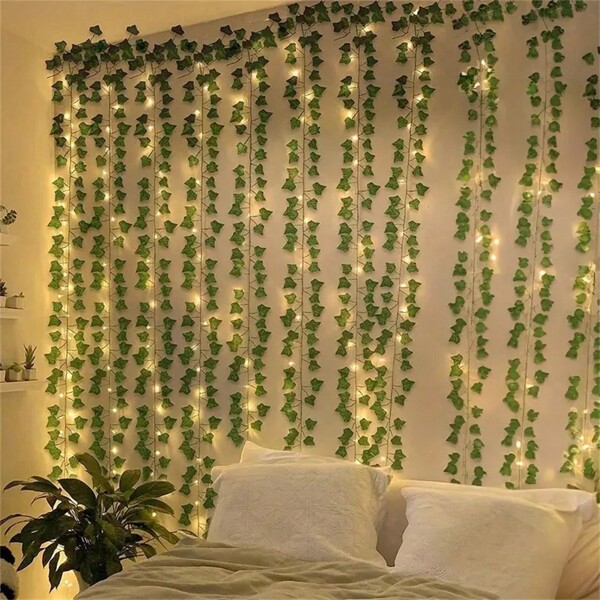 1 Stück grüne Blattranken dekorative Lichterkette, batteriebetrieben, hängende Ranke, für Schlafzimmer, Party, Hochzeit, Weihnachten, Thanksgiving, Dekoration für alle Jahreszeiten, Zuhause, Kamin, Treppe, Geländer, Balkon, Flur, Vorhangdekoration