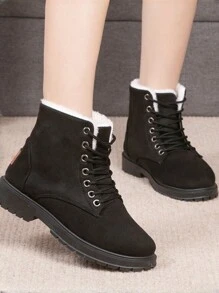 Women's Warm Snow Boots, High-Top Round Toe Flat Outdoor Walking Boots, Thermal Lined Solid Color Warm Snow Boots - Black - View 4