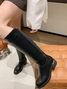 2025秋冬女士及膝骑士靴，黑色优雅方形高跟鞋，适合开学季、情人节等场合约会、聚会、购物、通勤